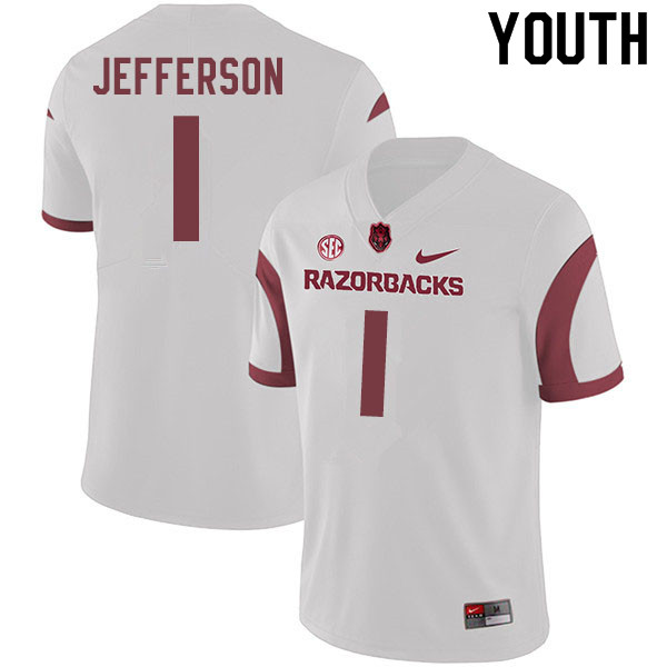 Youth #1 K.J. Jefferson Arkansas Razorbacks College Football Jerseys Sale-White - Click Image to Close